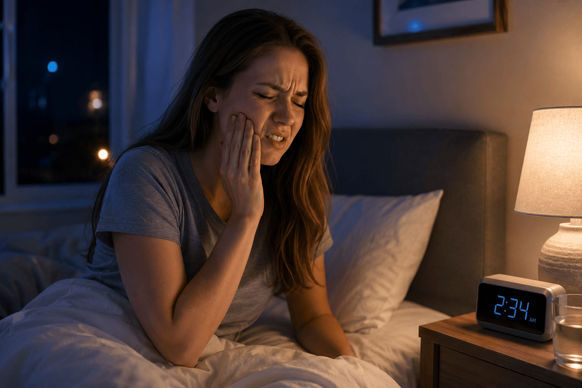 Woman experiencing tooth pain at night, holding her cheek while looking at clock showing 2:34 AM.